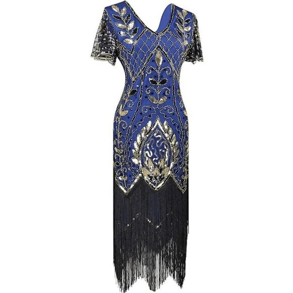 ✨💙 Flapper Great Gatsby 1920s Retro Tassel Fringe Sequin Blue Dress XL NEW - Picture 3 of 15